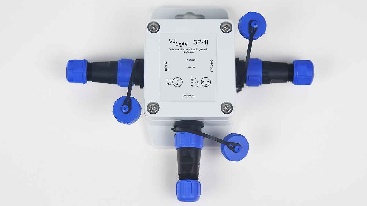 IP68 усилитель DMX сигнала VJLight SP-1i с двойной гальванической развязкой и индикаторами. Герметичный, всепогодный, уличный с креплением на любую поверхность.