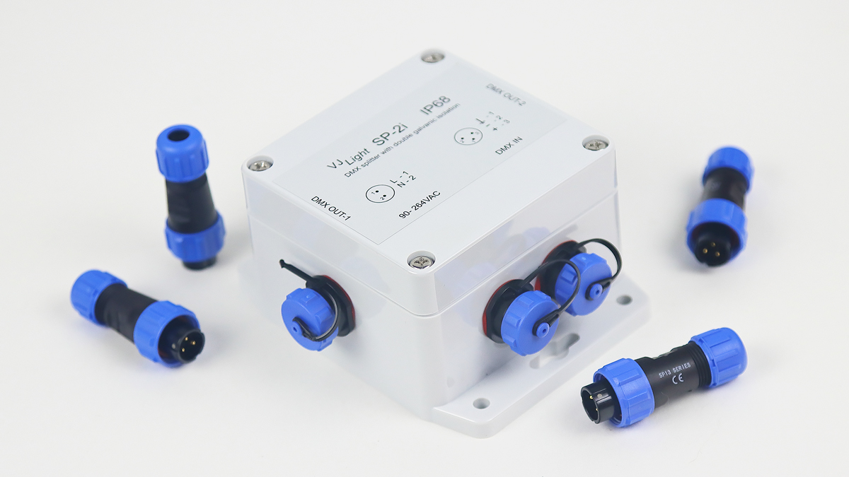 IP68 (IP67) DMX сплиттер-усилитель VJLight SP-2i - 2 выхода с двойной гальванической развязкой и индикаторами. Герметичный, всепогодный, уличный. Крепление на любую поверхность.