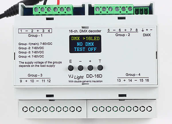 VJLight DD-16D - DMX декодер 16(8) каналов. Экран меню.