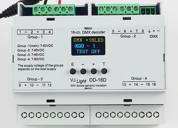 VJLight DD-16D - DMX декодер 16(8) каналов. Экран.