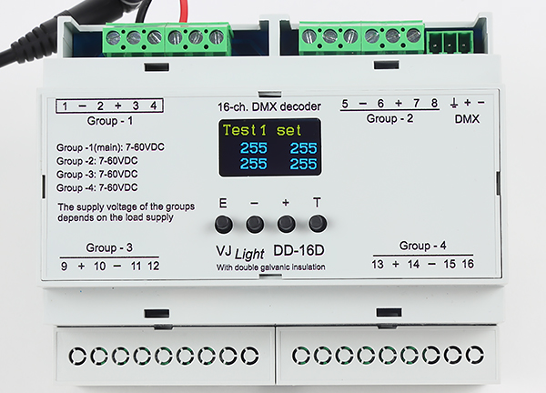 VJLight DD-16D - DMX декодер 16(8) каналов. Экран.