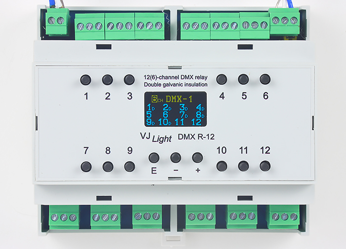 DMX реле 12/6 каналов на DIN рейку VJLight DMX R-12 с двойной гальванической развязкой.