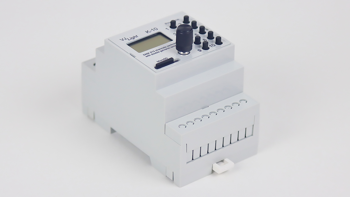 VJLght K-10 - DMX-512 контроллер с двойной гальванической развязкой на DIN рейку и простым программированием сцен и программ в текстовом файле.